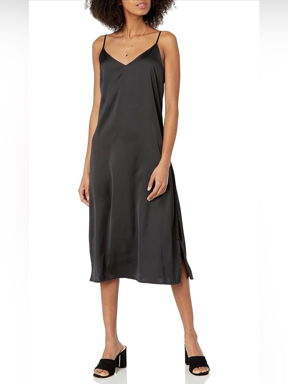 Sleek Black Satin Slip Chemise with V-Neck and Spaghetti Straps